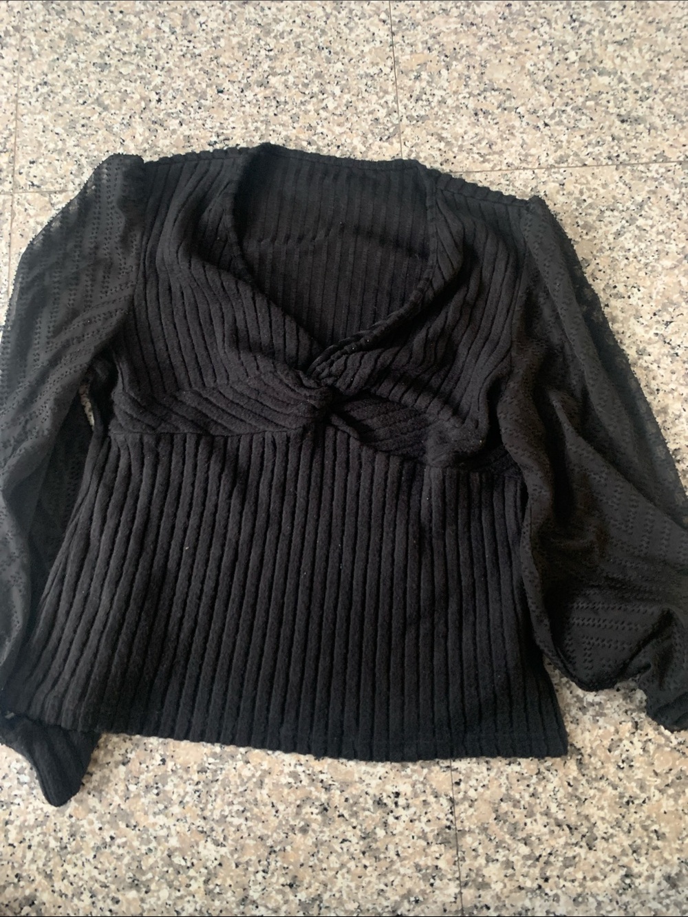 Black Ribbed Knit Top with Twist Front